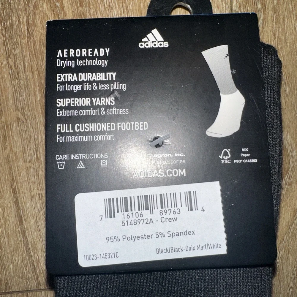 ADIDAS Mens Socks Crew Aeroready Drying 3 Pair Shoe Size‎ 6-12 Black